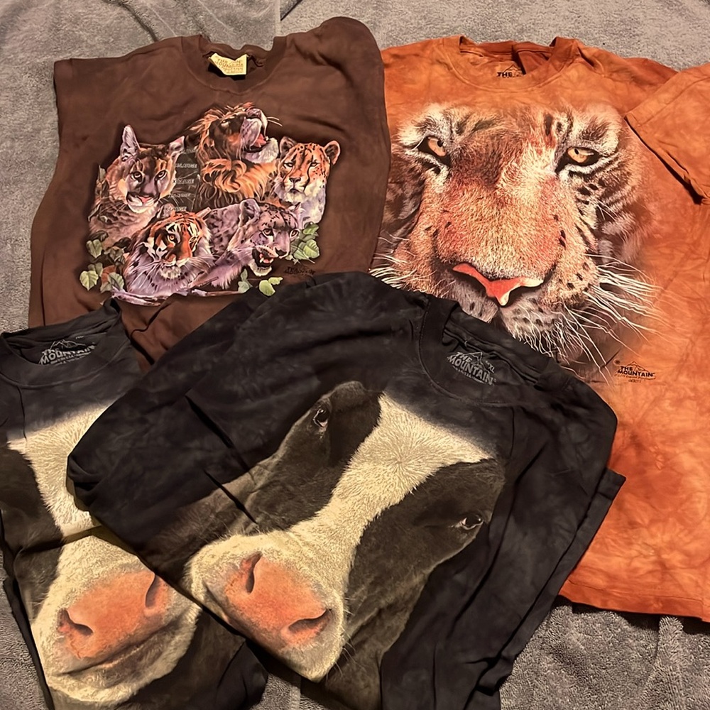 NWOT The Mountain SET OF FOUR Kids Tie Dyed TEE. Lion, Cow x 2, Big Cats. Sz XL